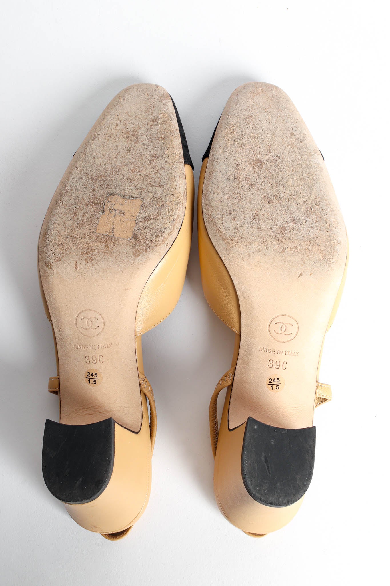 Vintage Chanel Leather Grosgrain Cap Toe Slingback Heels soles @ Recess Los Angeles