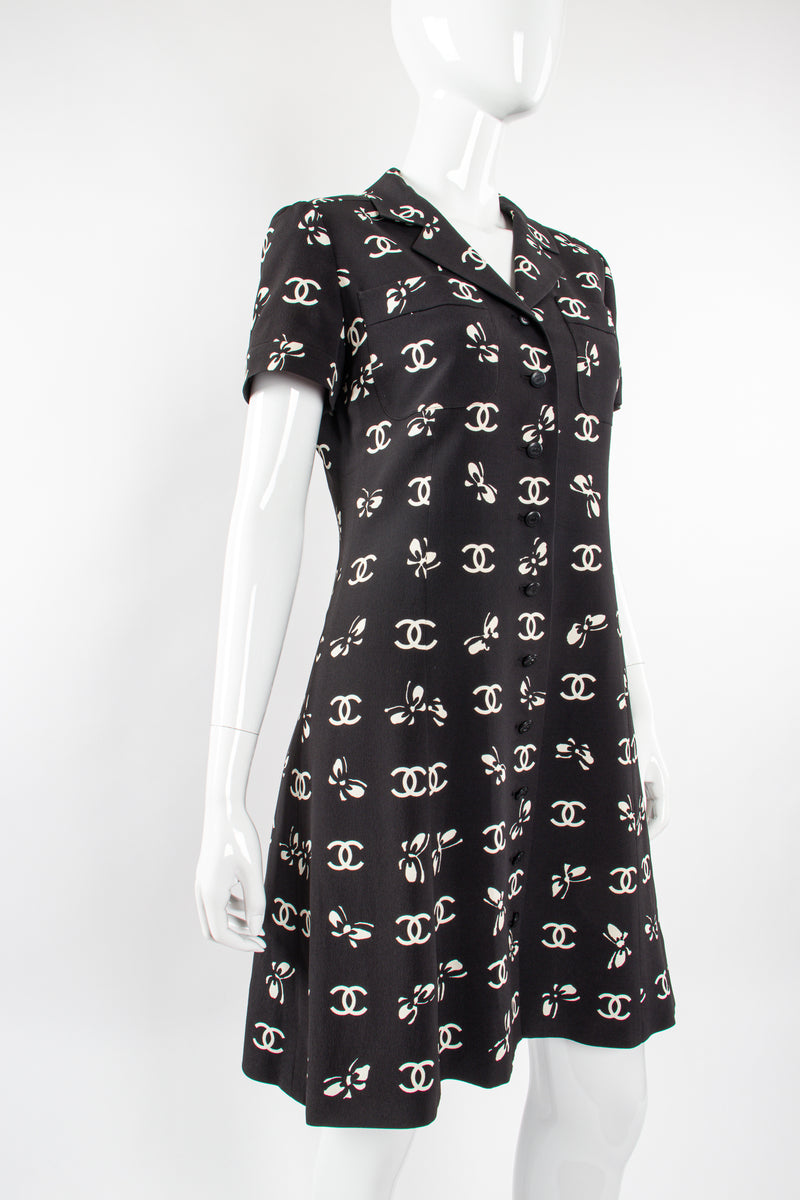Vintage Chanel 1997 Cruise Bow Butterfly CC Logo Print Dress on mannequin front angle @ Recess LA