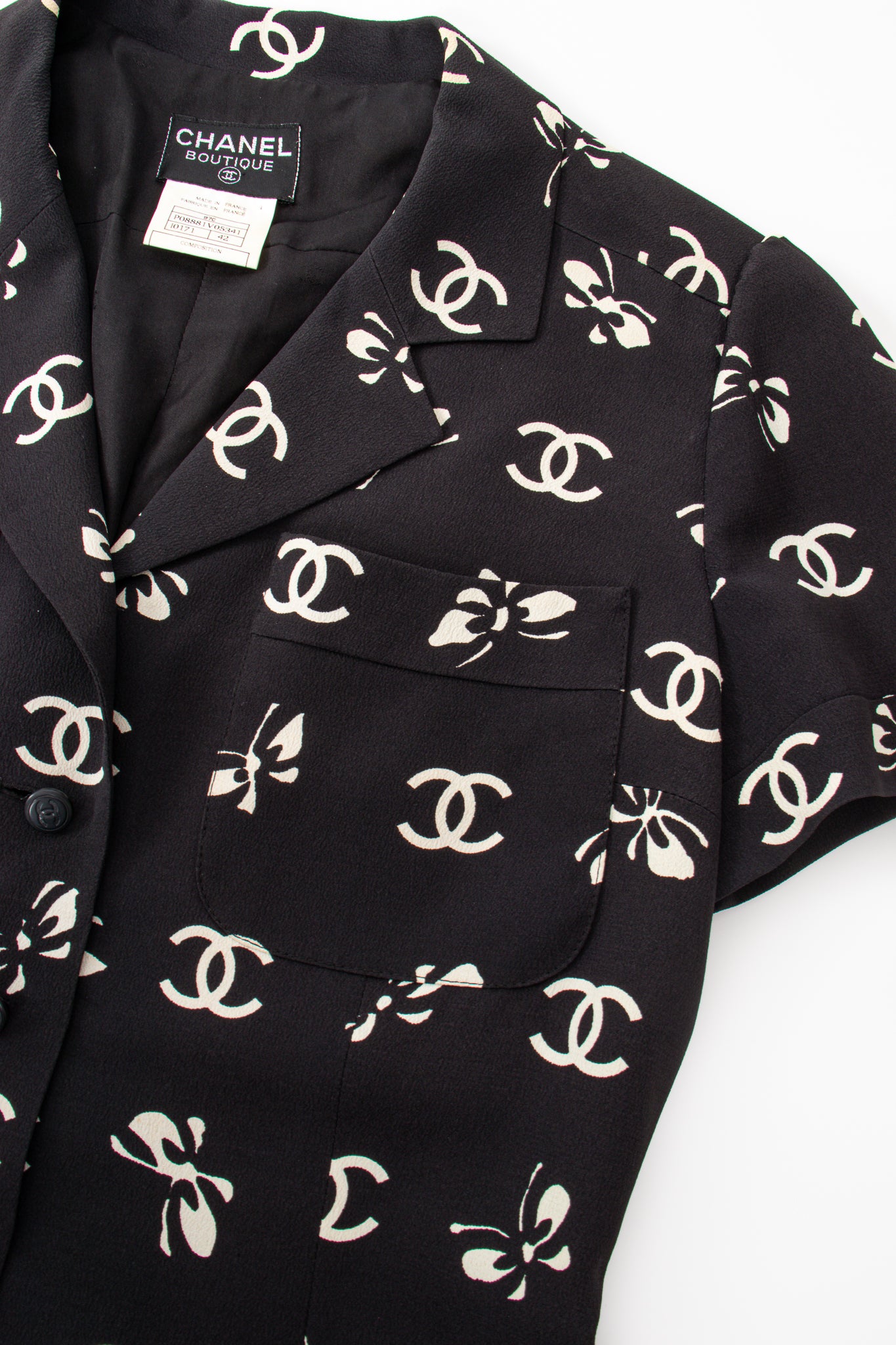 Vintage Chanel 1997 Cruise Bow Butterfly CC Logo Print Dress collar detail @ Recess LA