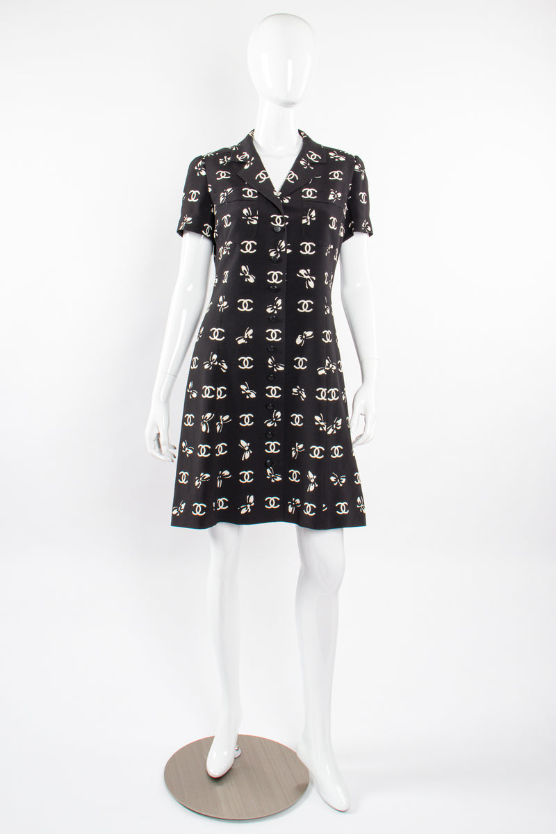 Vintage Chanel 1997 Cruise Bow Butterfly CC Logo Print Dress on mannequin front @ Recess LA