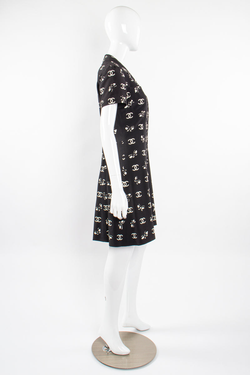Vintage Chanel 1997 Cruise Bow Butterfly CC Logo Print Dress on mannequin side @ Recess LA