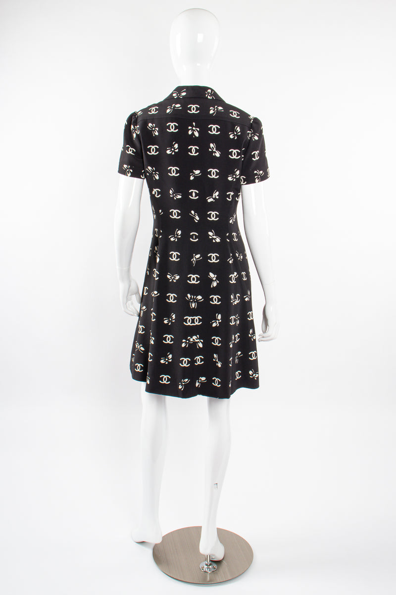 Vintage Chanel 1997 Cruise Bow Butterfly CC Logo Print Dress on mannequin back @ Recess LA