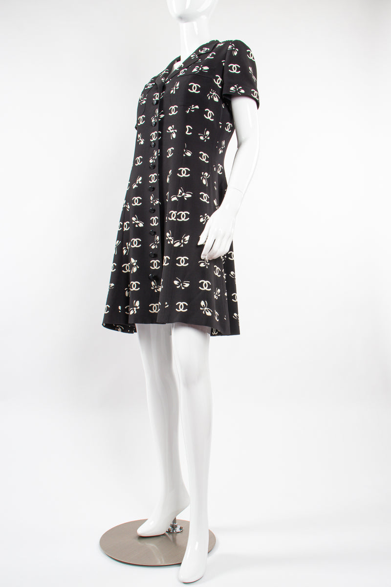 Vintage Chanel 1997 Cruise Bow Butterfly CC Logo Print Dress on mannequin front angle @ Recess LA