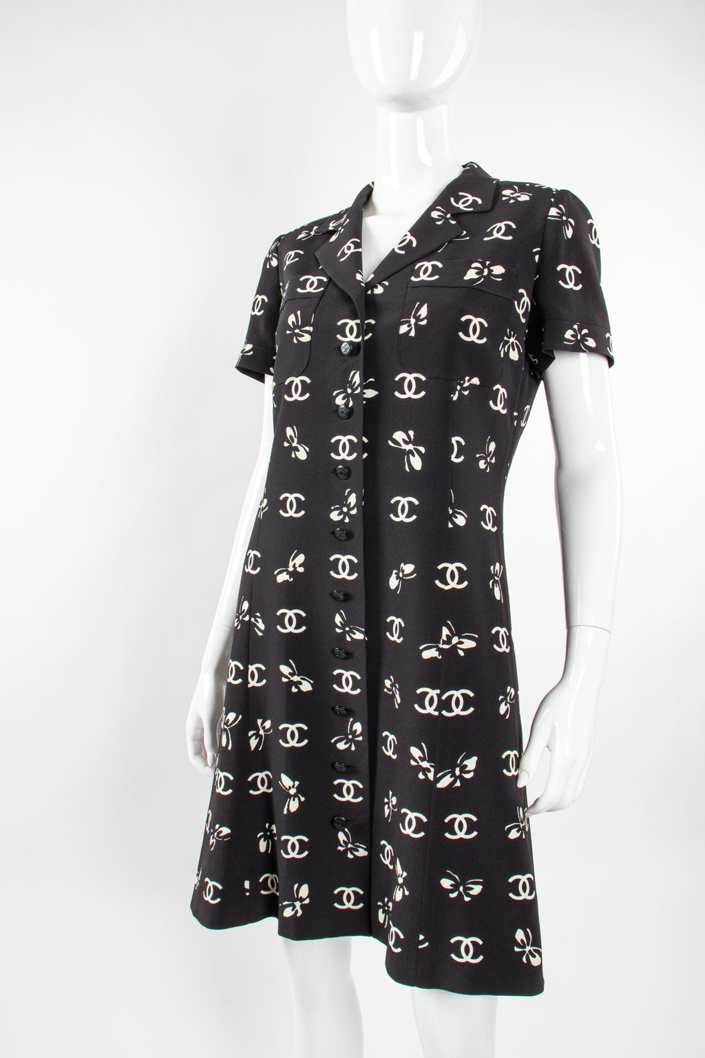 CHANEL Vintage 97P BLACK CC LOGO RUFFLED SILK DRESS Silk lining FR38- FR34