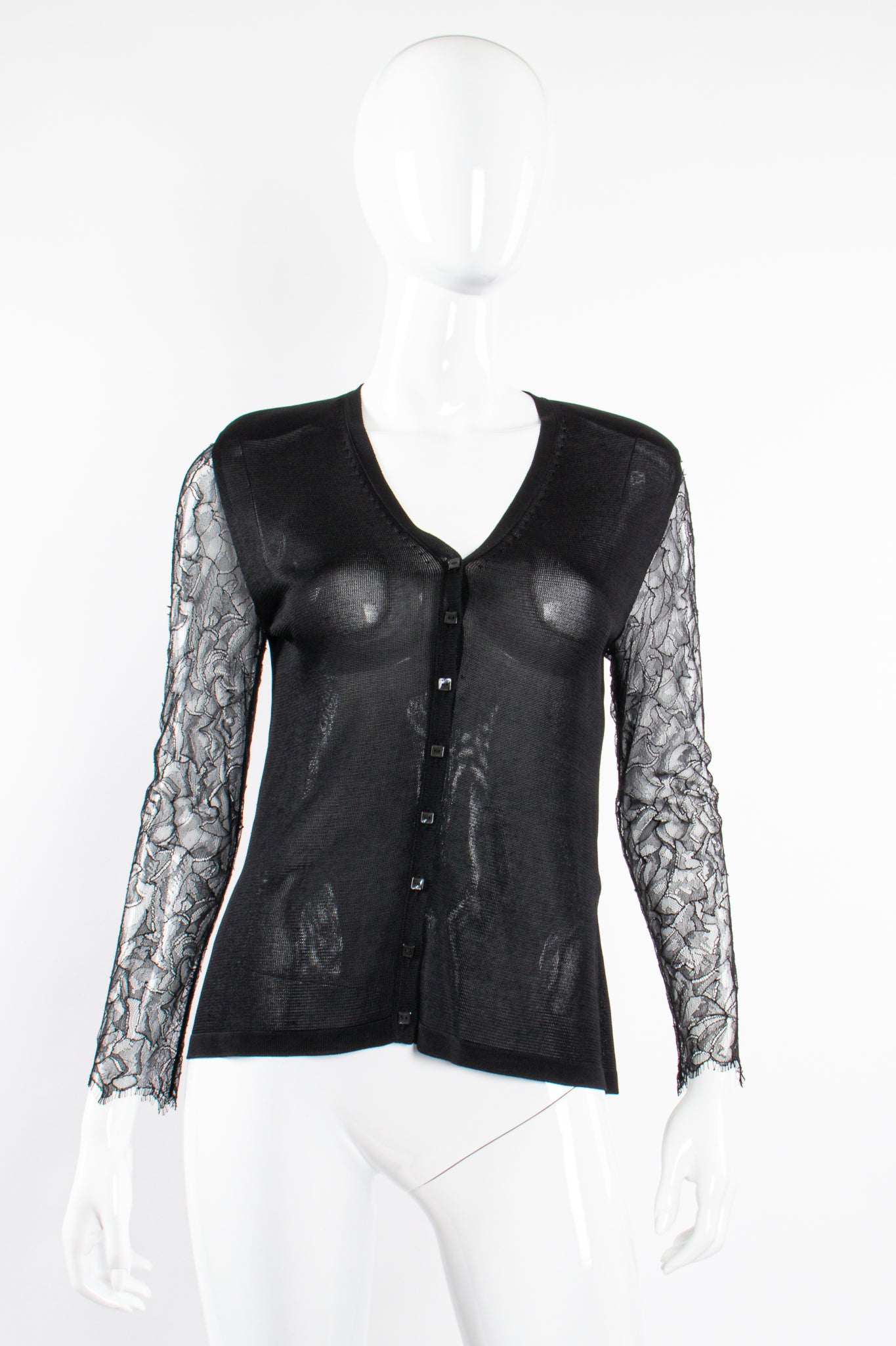 Vintage Chanel 2000T Chantilly Lace Sleeve Knit Cardigan on Mannequin front at Recess Los Angeles