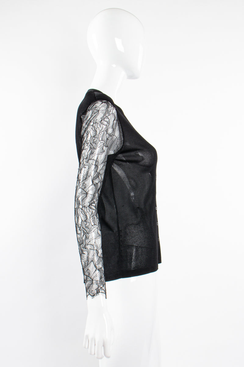 Vintage Chanel 2000T Chantilly Lace Sleeve Knit Cardigan on Mannequin side at Recess Los Angeles