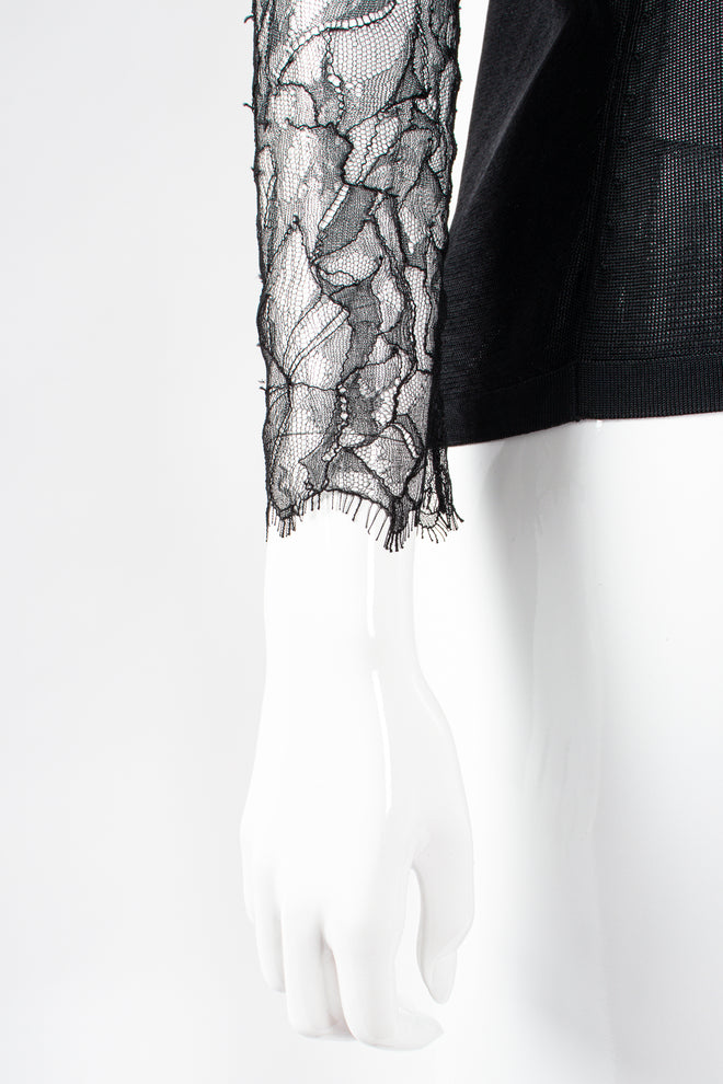 Vintage Chanel 2000T Chantilly Lace Sleeve Knit Cardigan on Mannequin sleeve at Recess Los Angeles
