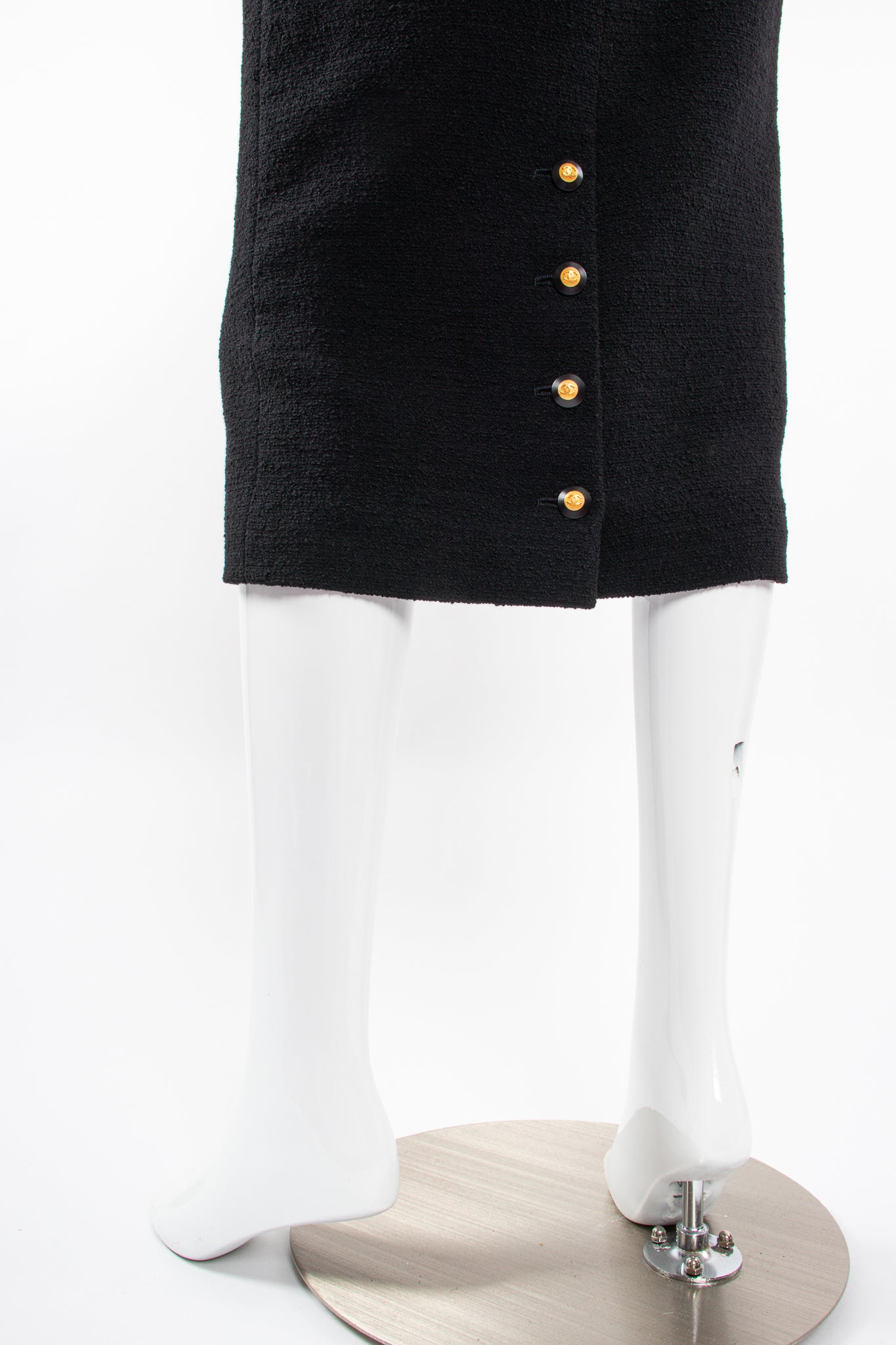 Vintage Chanel 1993 AW Bouclé Midi Pencil Hobble Skirt on Mannequin button vent @ Recess LA