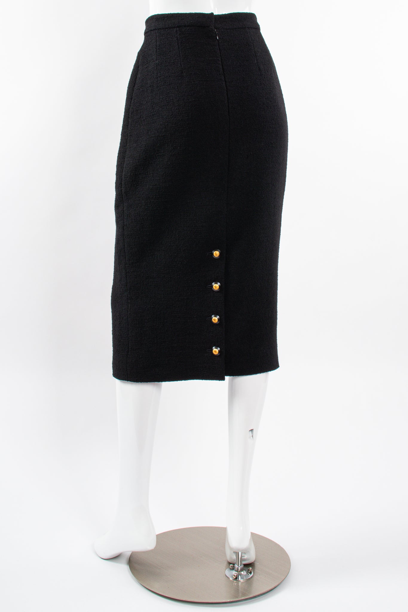 Vintage Chanel 1993 AW Bouclé Midi Pencil Hobble Skirt on Mannequin back @ Recess LA