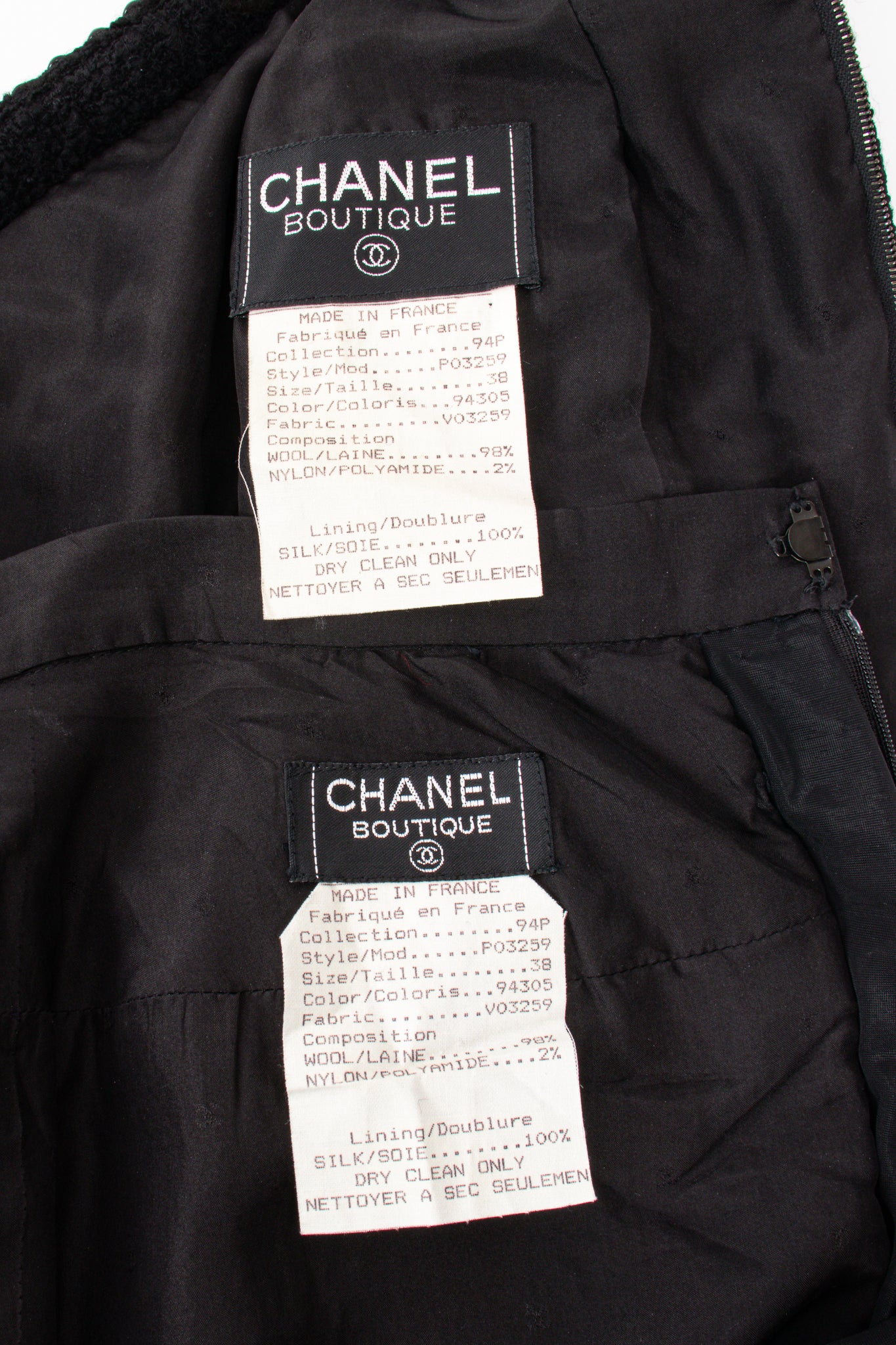 Vintage Chanel SS 1994 Runway Jelly Bow Bouclé Jacket & Skirt Set labels @ Recess