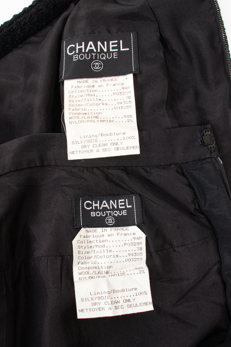 Vintage Chanel SS 1994 Runway Jelly Bow Bouclé Jacket & Skirt Set labels @ Recess