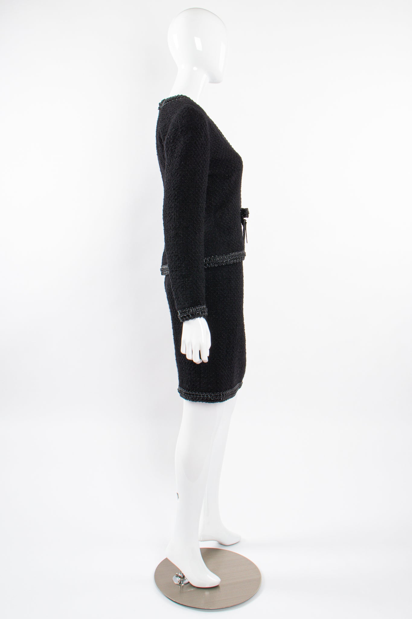 Vintage Chanel SS 1994 Runway Jelly Bow Bouclé Jacket & Skirt Set on Mannequin side @ Recess LA