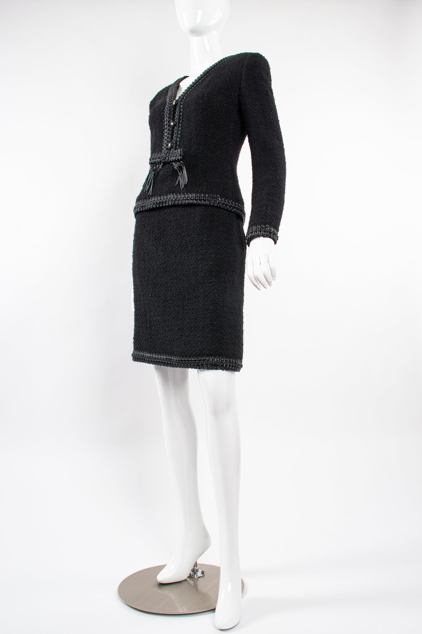Vintage Chanel SS 1994 Runway Jelly Bow Bouclé Jacket & Skirt Set on Mannequin angle @ Recess LA