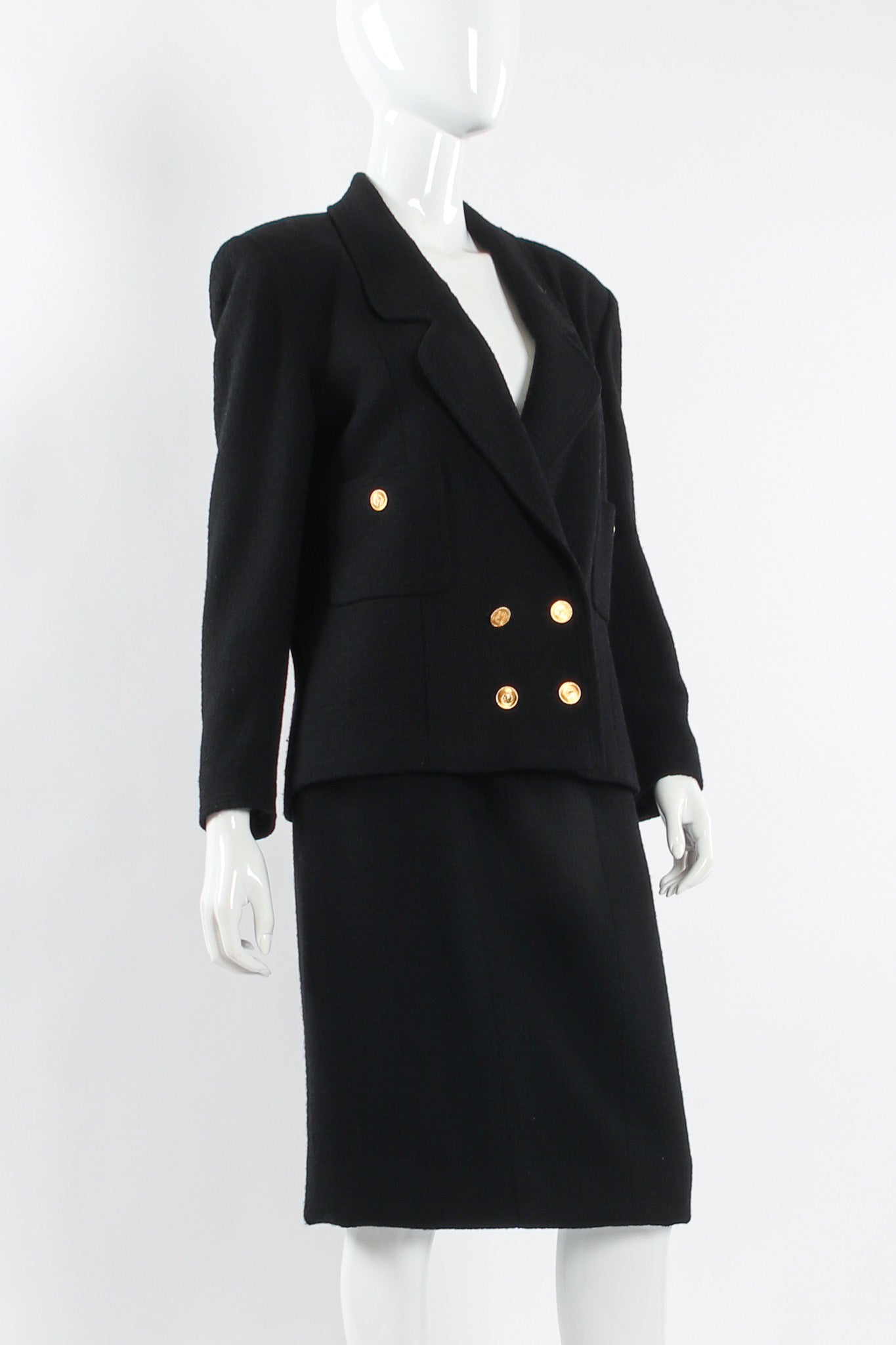 Vintage Chanel Boucle Jacket & Skirt Wool Set manequin angle @ Recess LA