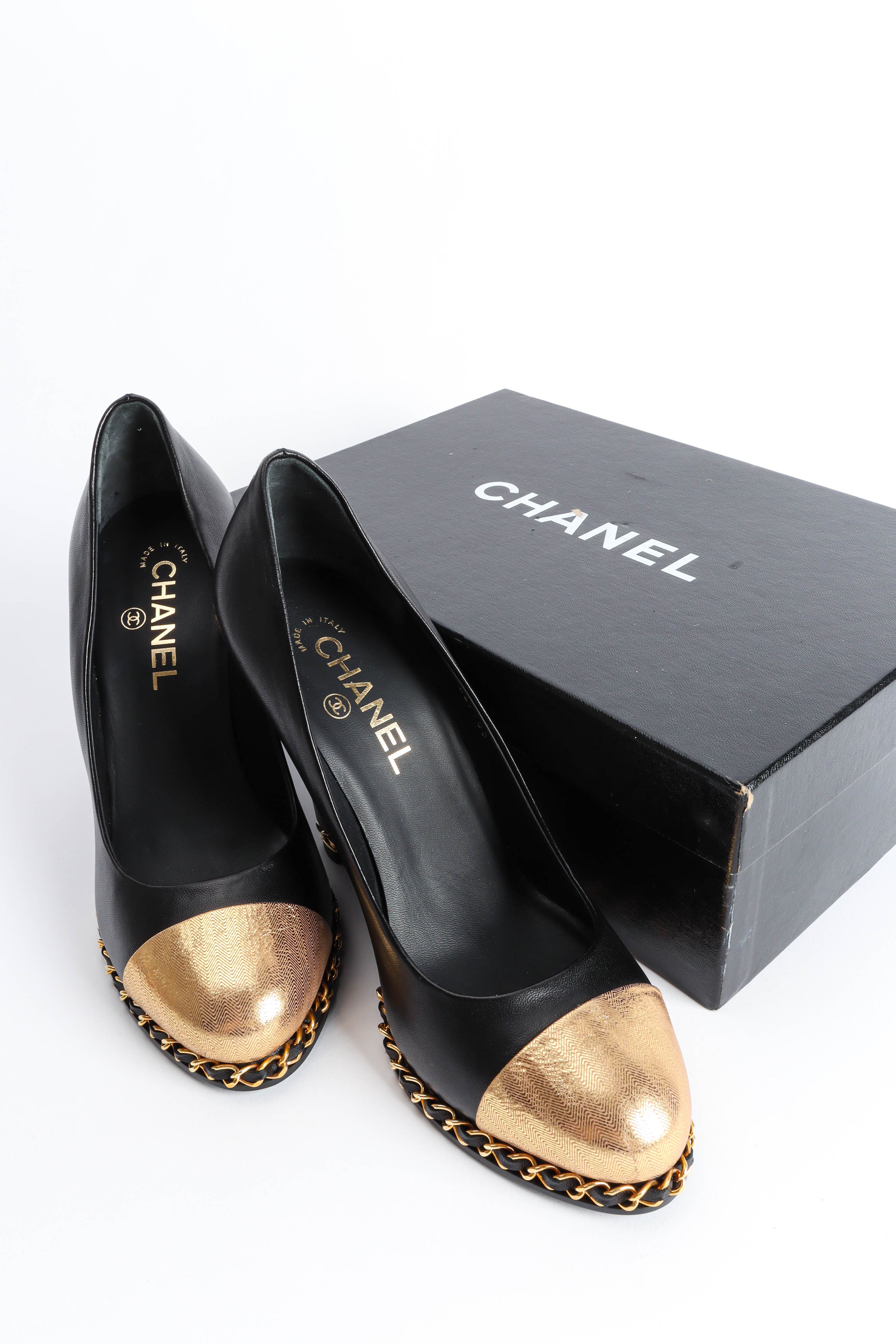 Vintage Chanel CC Cap Toe Chain Link Pumps shoes with box @ Recess LA