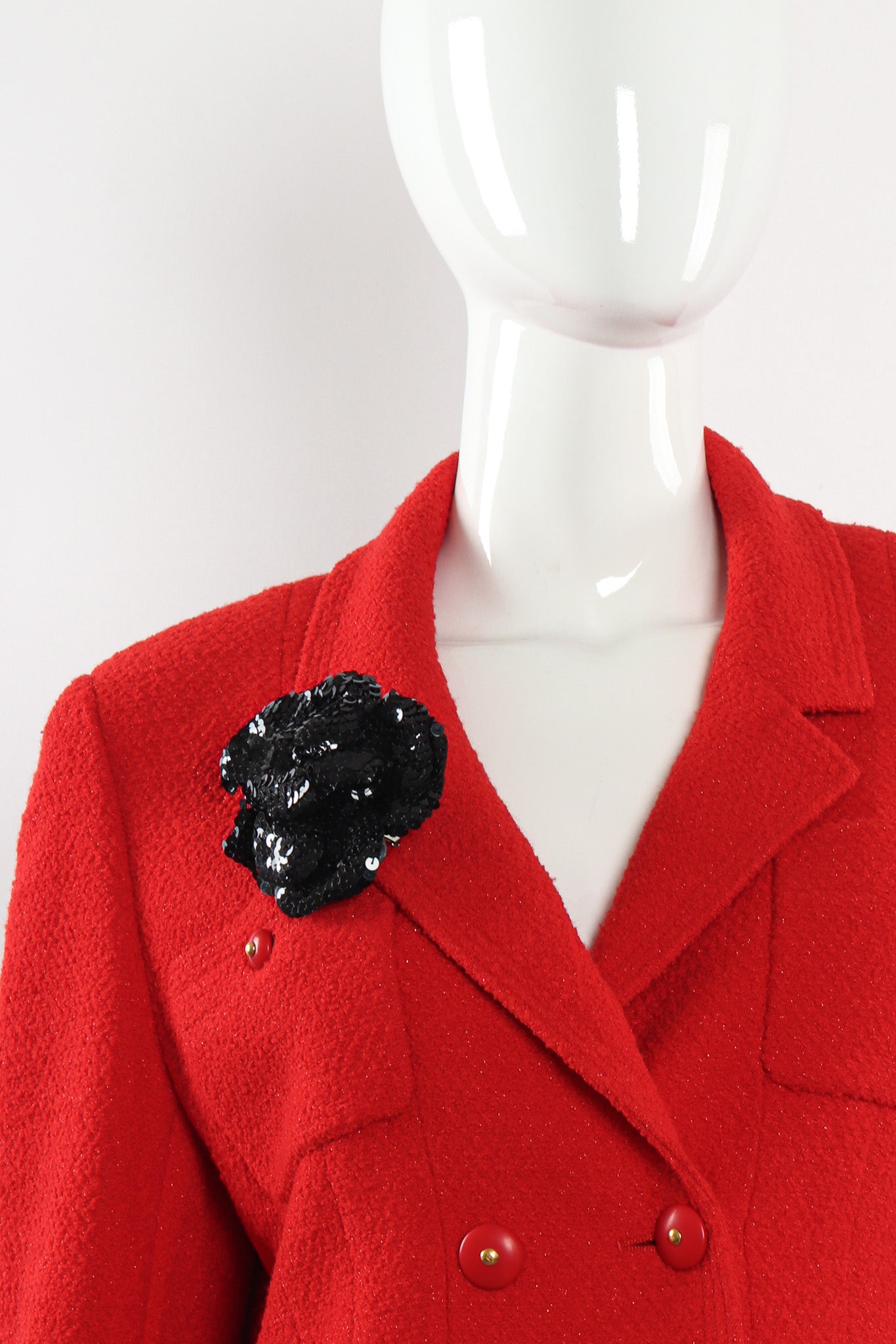 Vintage Chanel 1985 Black Sequin Camellia Flower Pin on mannequin @ Recess LA