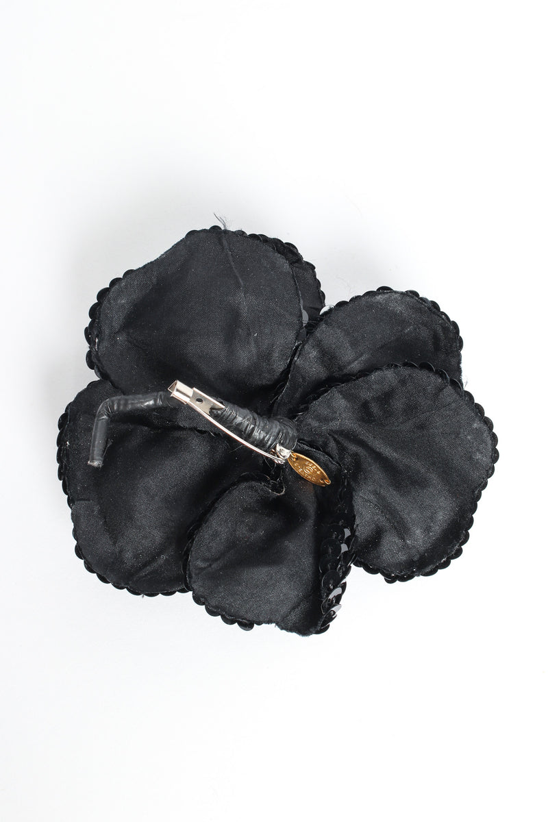 Vintage Chanel 1985 Black Sequin Camellia Flower Pin back @ Recess LA