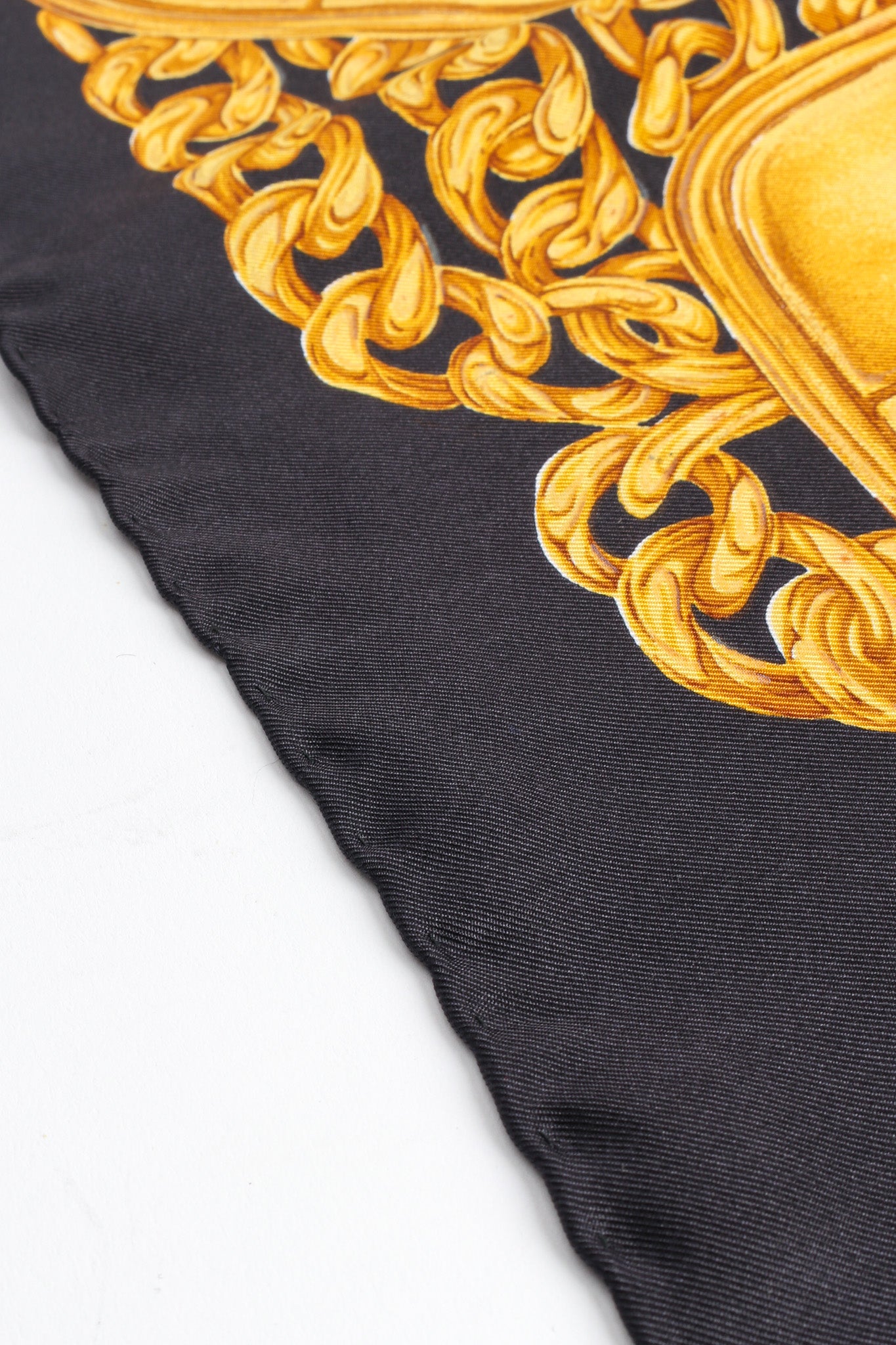 Vintage Chanel Geo Gold Chain Print Silk Scarf edge close @ Recess LA