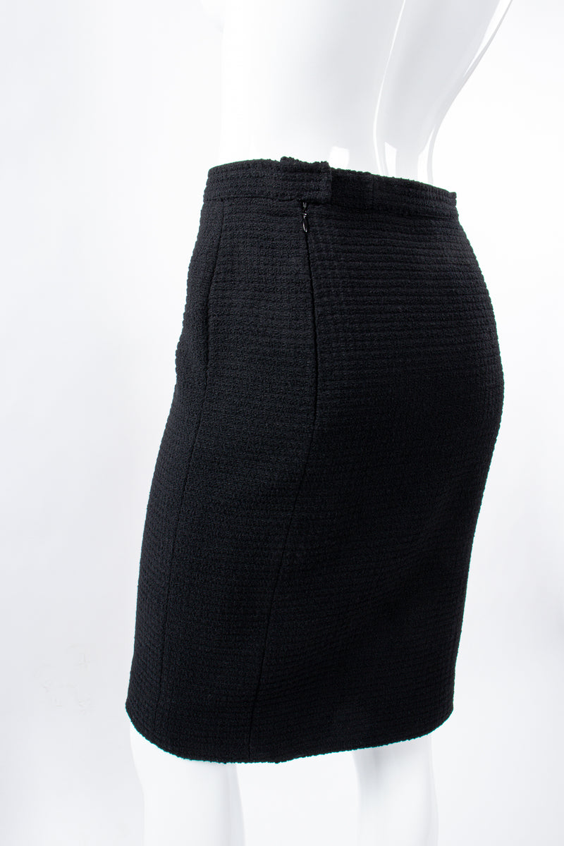 Vintage Chanel Monochrome Tweed Boxy Jacket and Skirt Set skirt back crop on Mannequin at Recess LA
