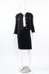 Vintage Chanel Classic Monochrome Tweed Boxy Jacket and Skirt Set open on Mannequin at Recess LA