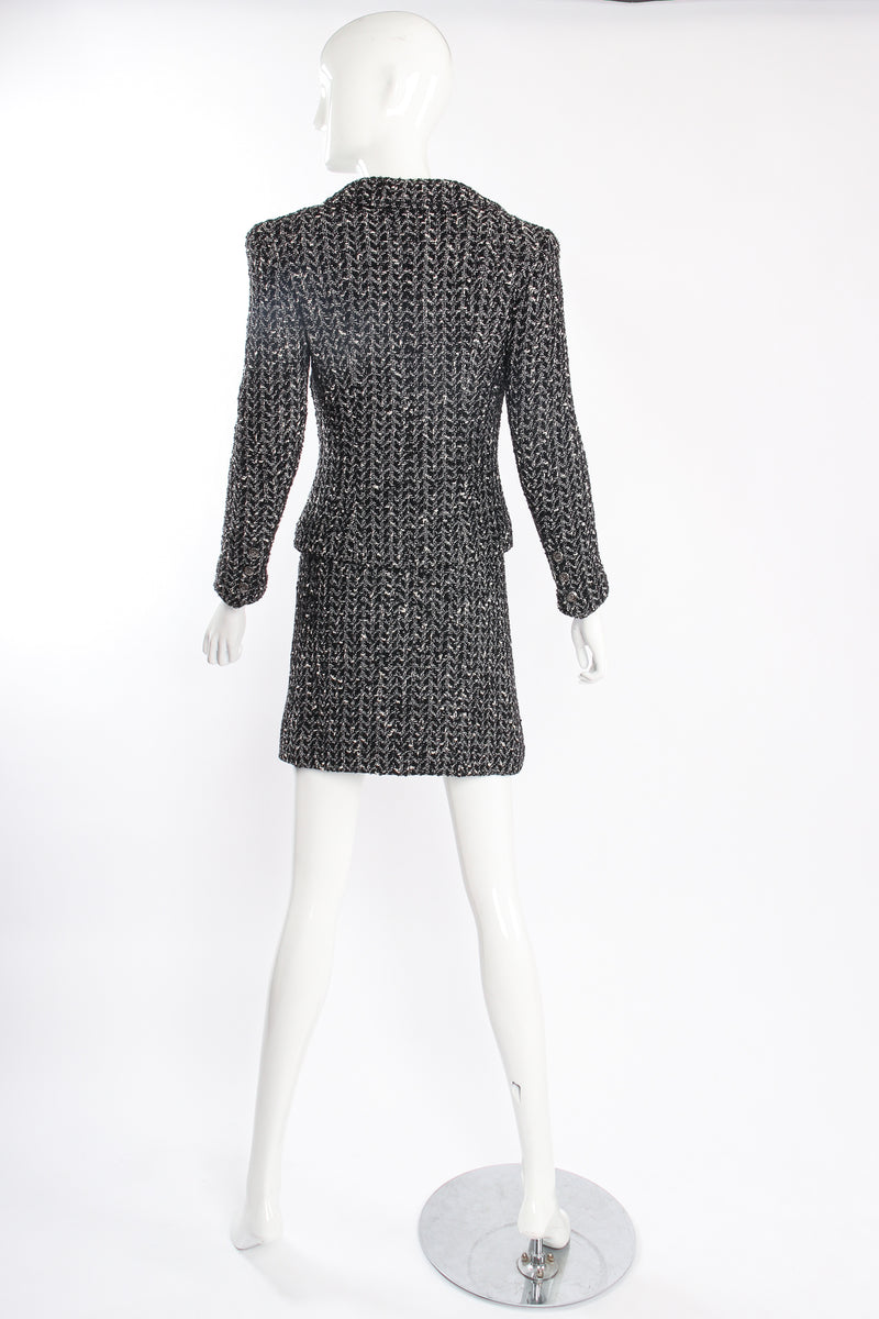 Vintage Chanel 1997A Chevron Tweed Jacket & Skirt Set on Mannequin back at Recess LA