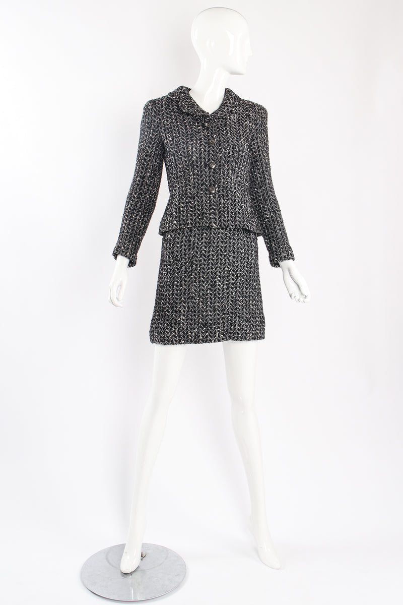 Vintage Chanel 1997A Chevron Tweed Jacket & Skirt Set on Mannequin front at Recess LA