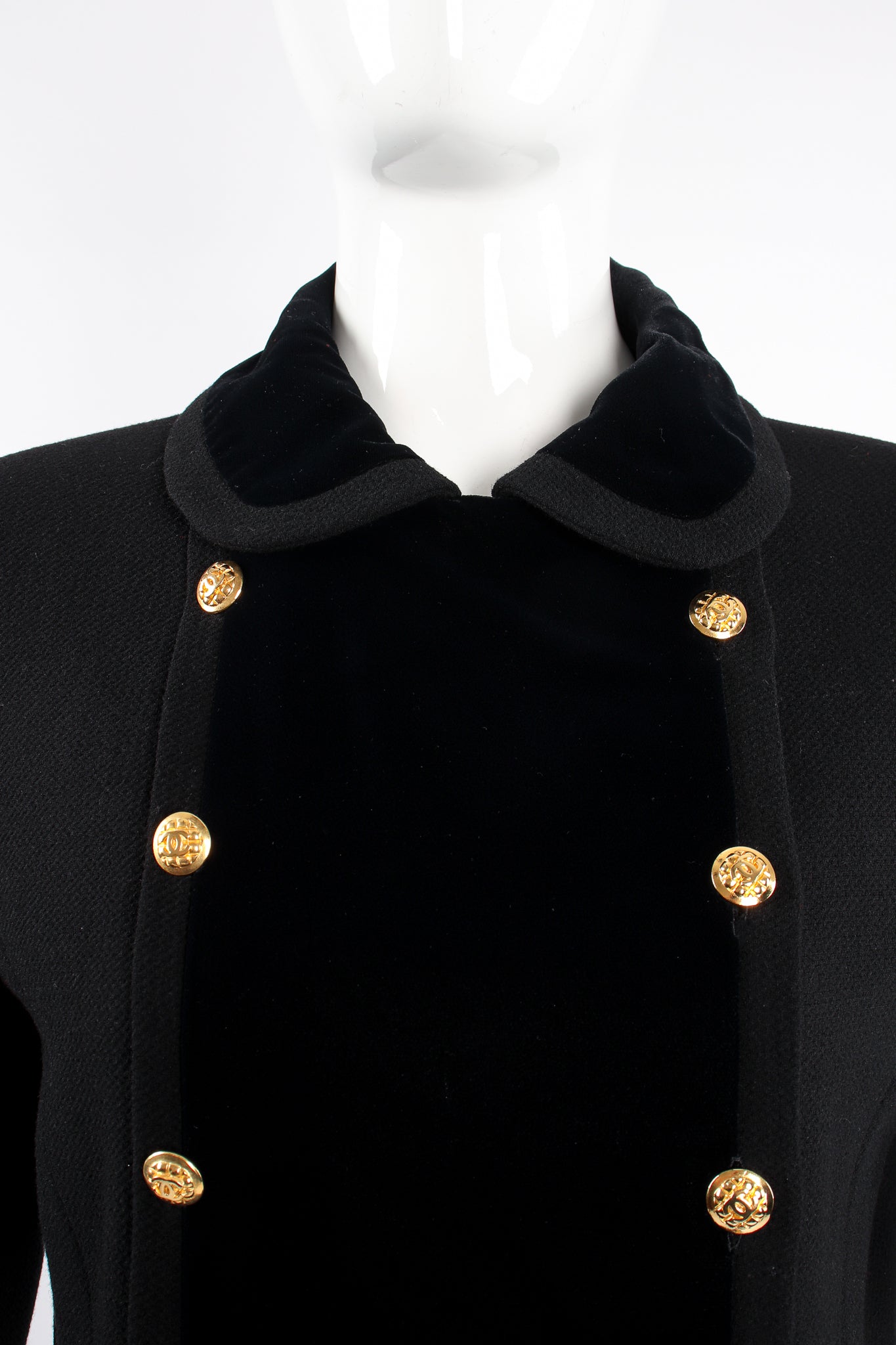 Vintage Chanel Velvet Contrast Uniform Peacoat on Mannequin neckline at Recess Los Angeles