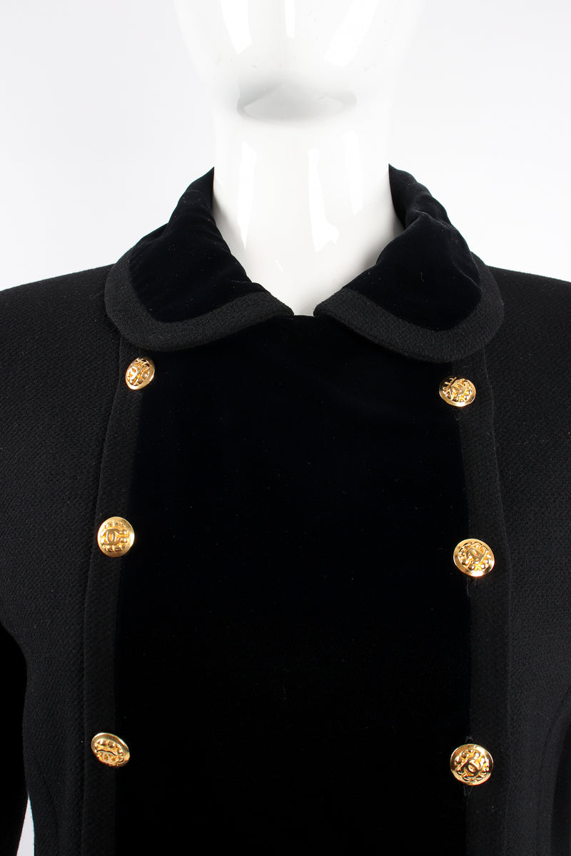 Vintage Chanel Velvet Contrast Uniform Peacoat on Mannequin neckline at Recess Los Angeles
