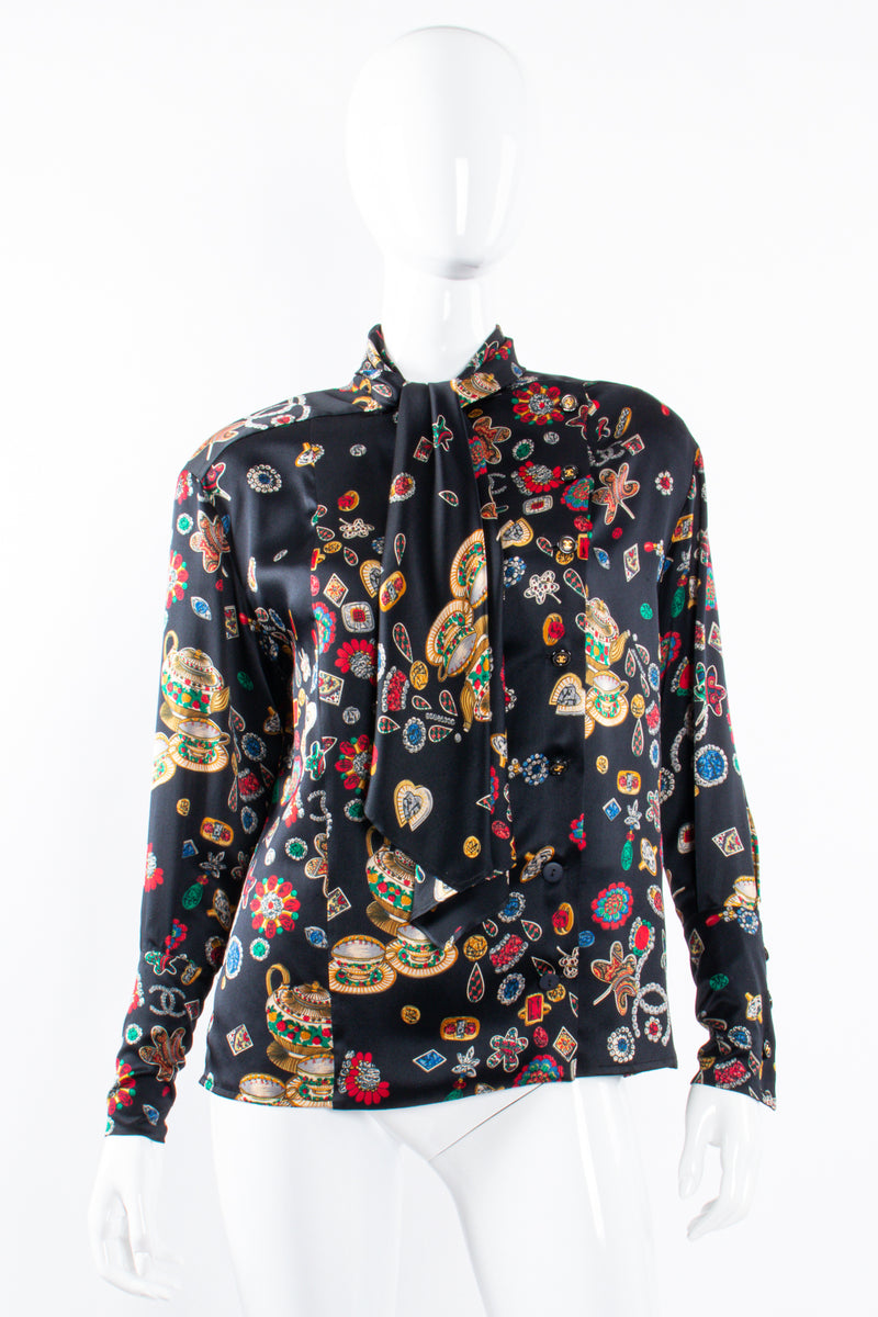 Vintage Chanel Jewel Print Silk Scarf Blouse on Mannequin front at Recess Los Angeles