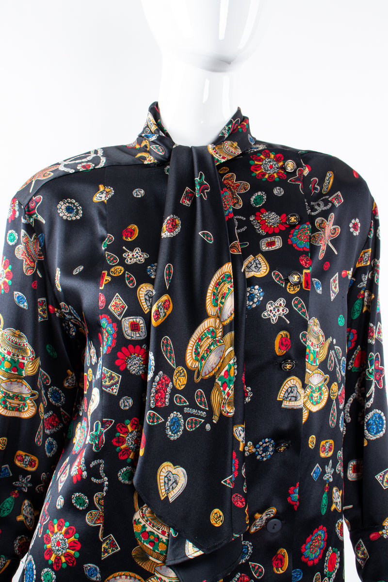 Vintage Chanel Jewel Print Silk Scarf Blouse on Mannequin neck detail at Recess Los Angeles