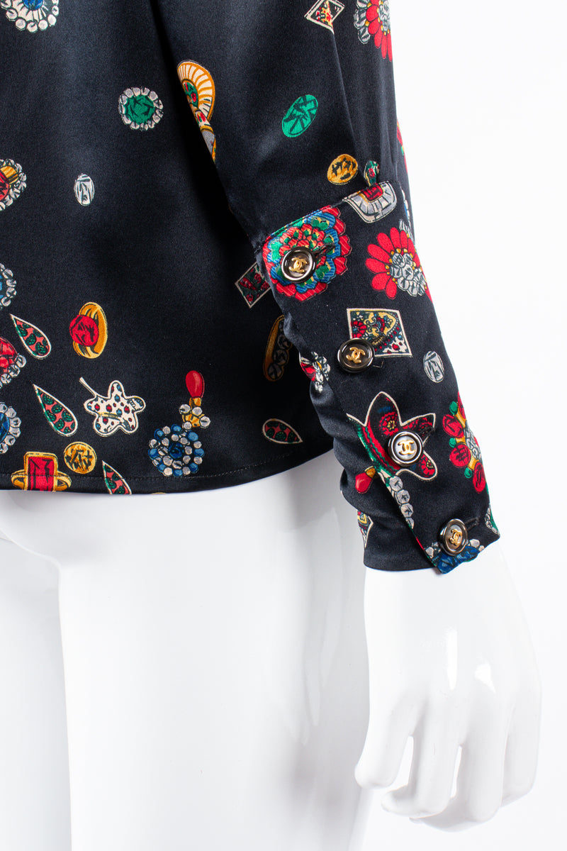 Vintage Chanel Jewel Print Silk Scarf Blouse on Mannequin sleeve cuff at Recess Los Angeles