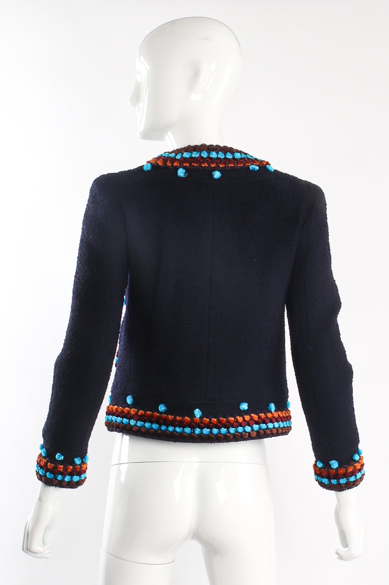 Vintage Chanel 1997A Chenille Trim Tweed Jacket Suit on Mannequin back at Recess LA