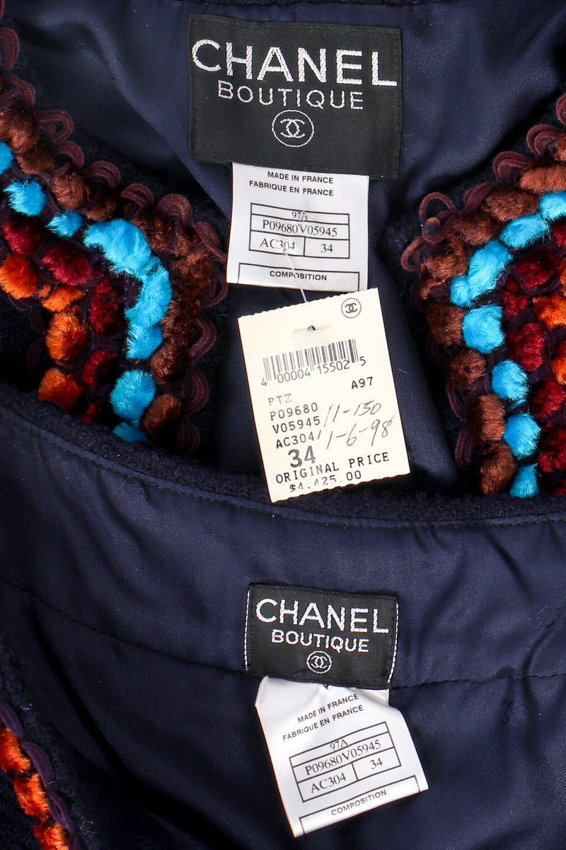 Vintage Chanel 1997A Chenille Trim Tweed Pant Suit chain tag  labels at Recess LA