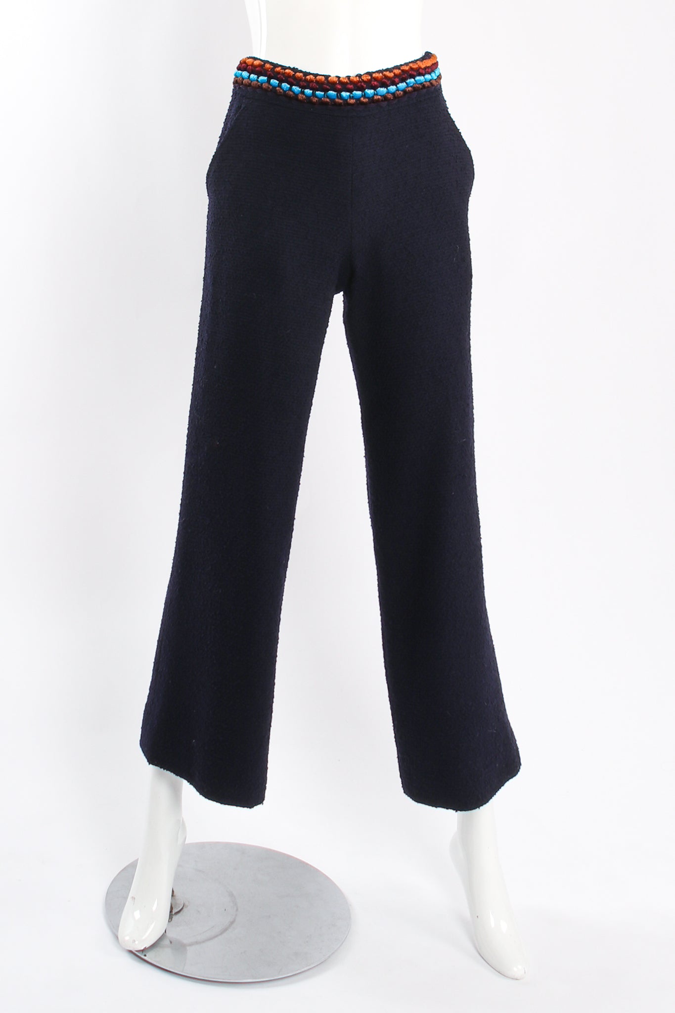Vintage Chanel 1997A Chenille Trim Tweed Pant Suit on Mannequin front at Recess LA