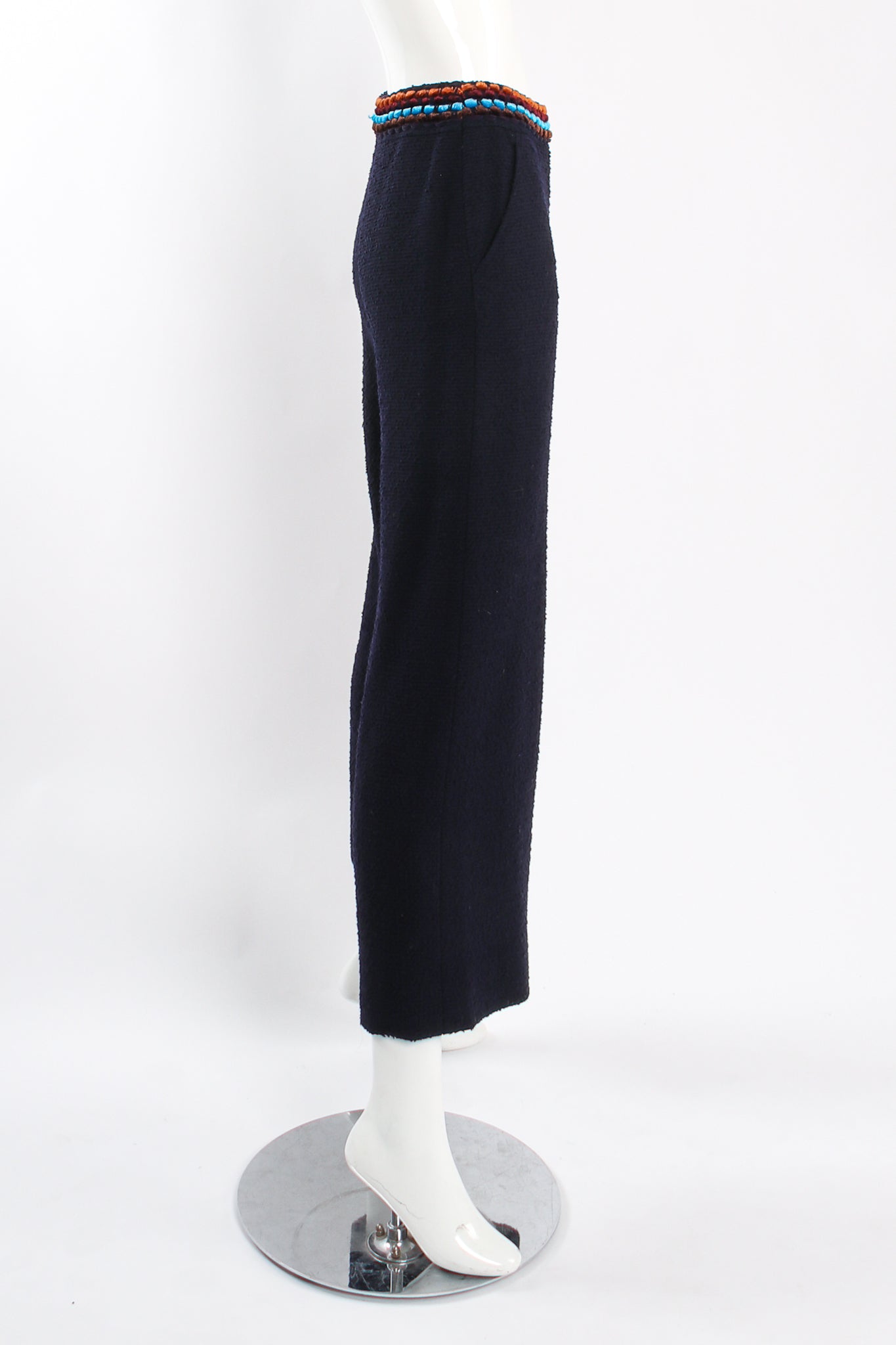 Vintage Chanel 1997A Chenille Trim Tweed Pant Suit on Mannequin side at Recess LA