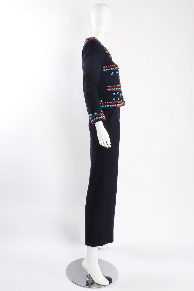 Vintage Chanel 1997A Chenille Trim Tweed Jacket & Pant Suit on Mannequin side at Recess LA