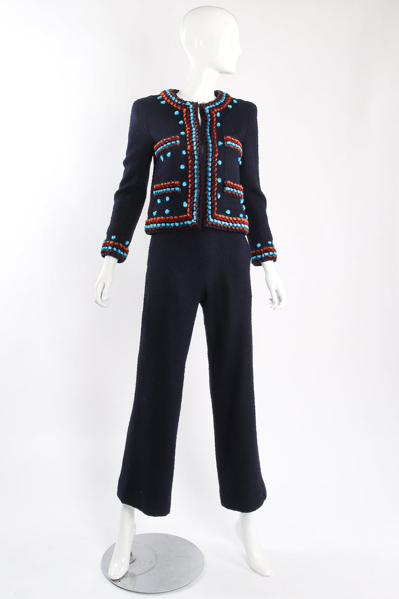 Vintage Chanel 1997A Chenille Trim Tweed Jacket & Pant Suit on Mannequin front at Recess LA