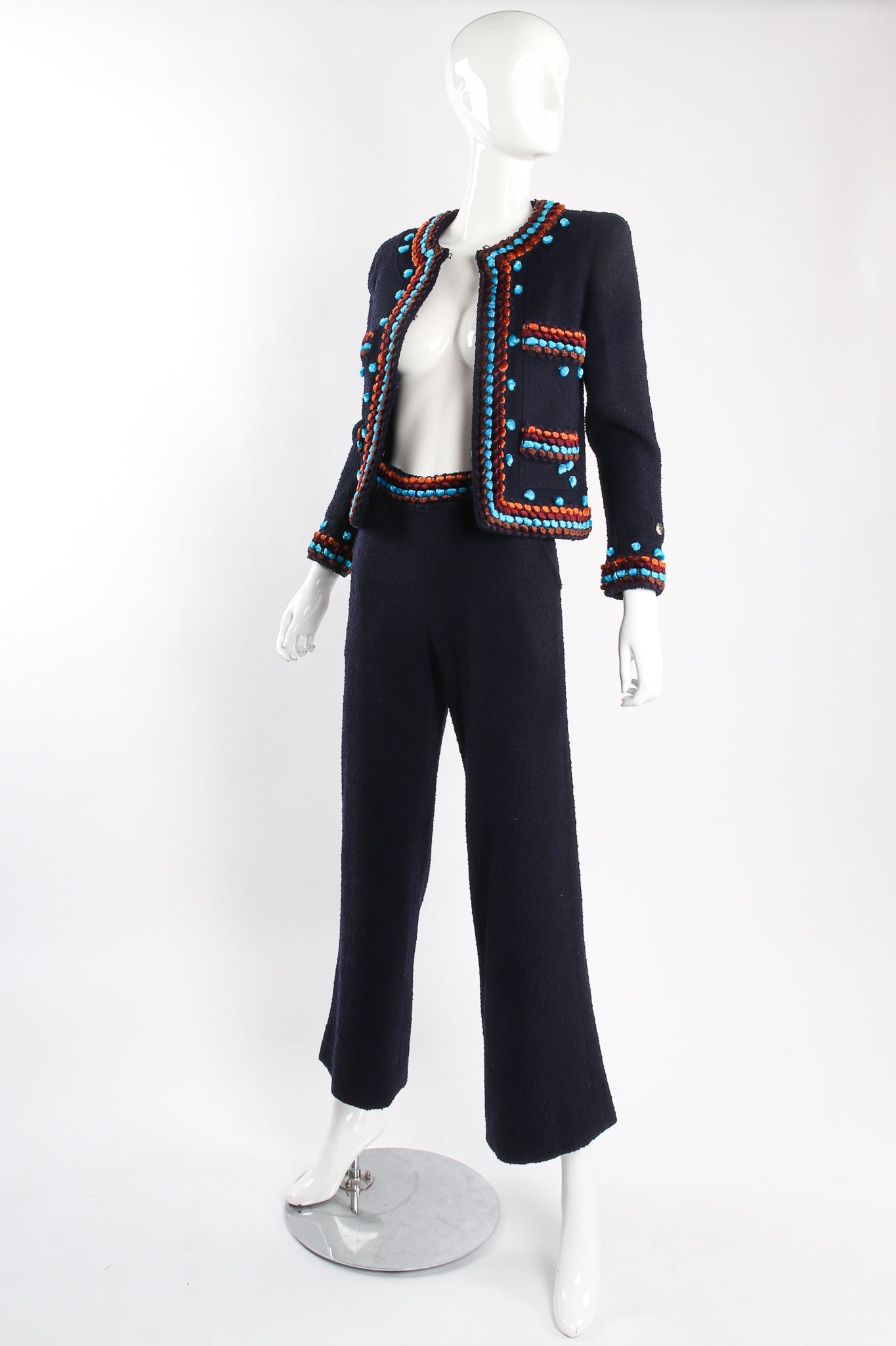 Vintage Chanel 1997A Chenille Trim Tweed Jacket & Pant Suit on Mannequin open at Recess LA