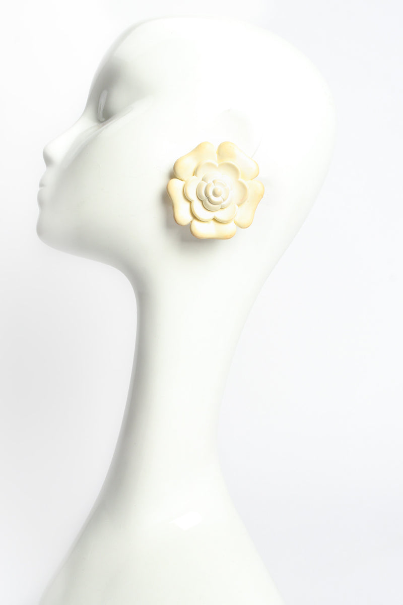Vintage Chanel 1990s Camellia Flower Earrings mannequin front @ Recess LA