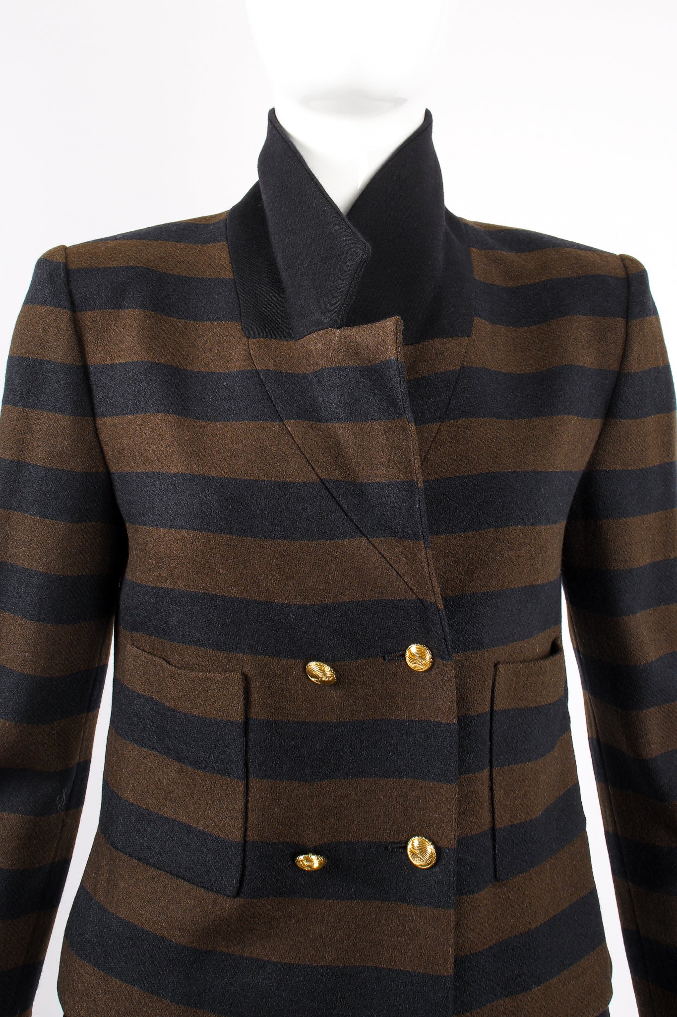 Vintage Chanel Striped Boxy Jacket & Skirt Set on Mannequin collar at Recess Los Angeles