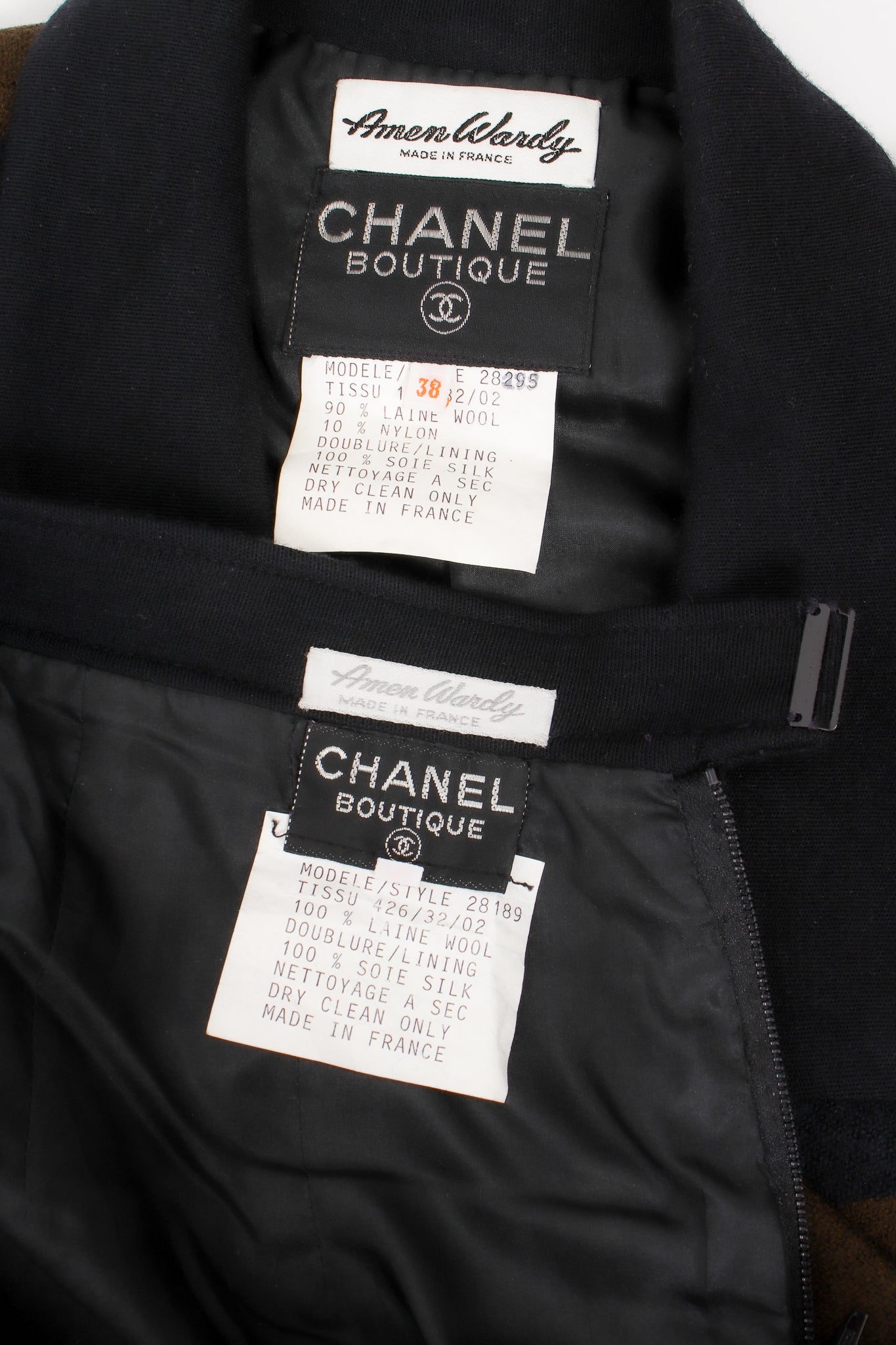 Vintage Chanel Striped Boxy Jacket & Skirt Set labels at Recess Los Angeles