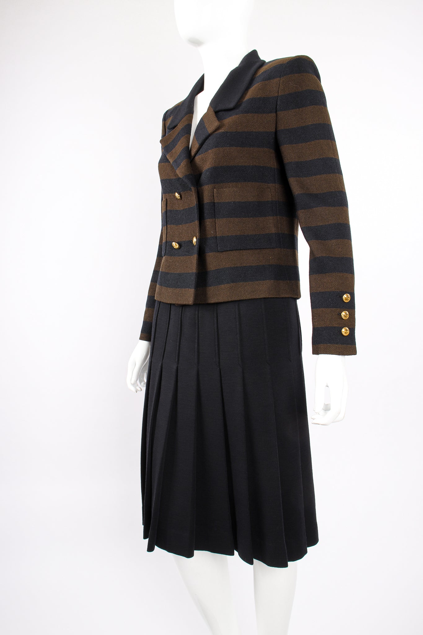 Vintage Chanel Striped Boxy Jacket & Skirt Set on Mannequin angle at Recess Los Angeles