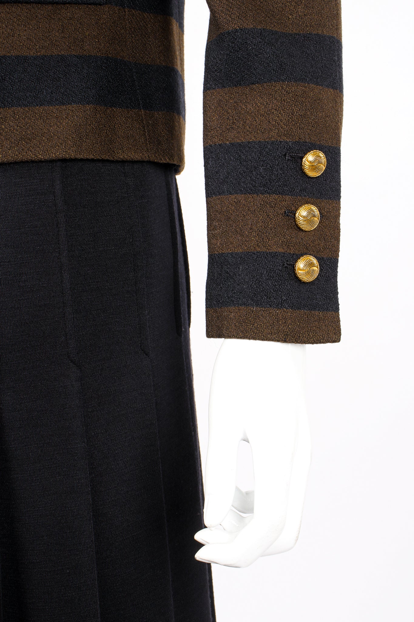 Vintage Chanel Striped Boxy Jacket & Skirt Set on Mannequin sleeve at Recess Los Angeles
