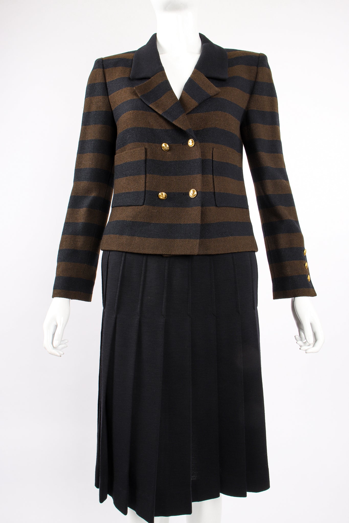 Vintage Chanel Striped Boxy Jacket & Skirt Set on Mannequin crop at Recess Los Angeles