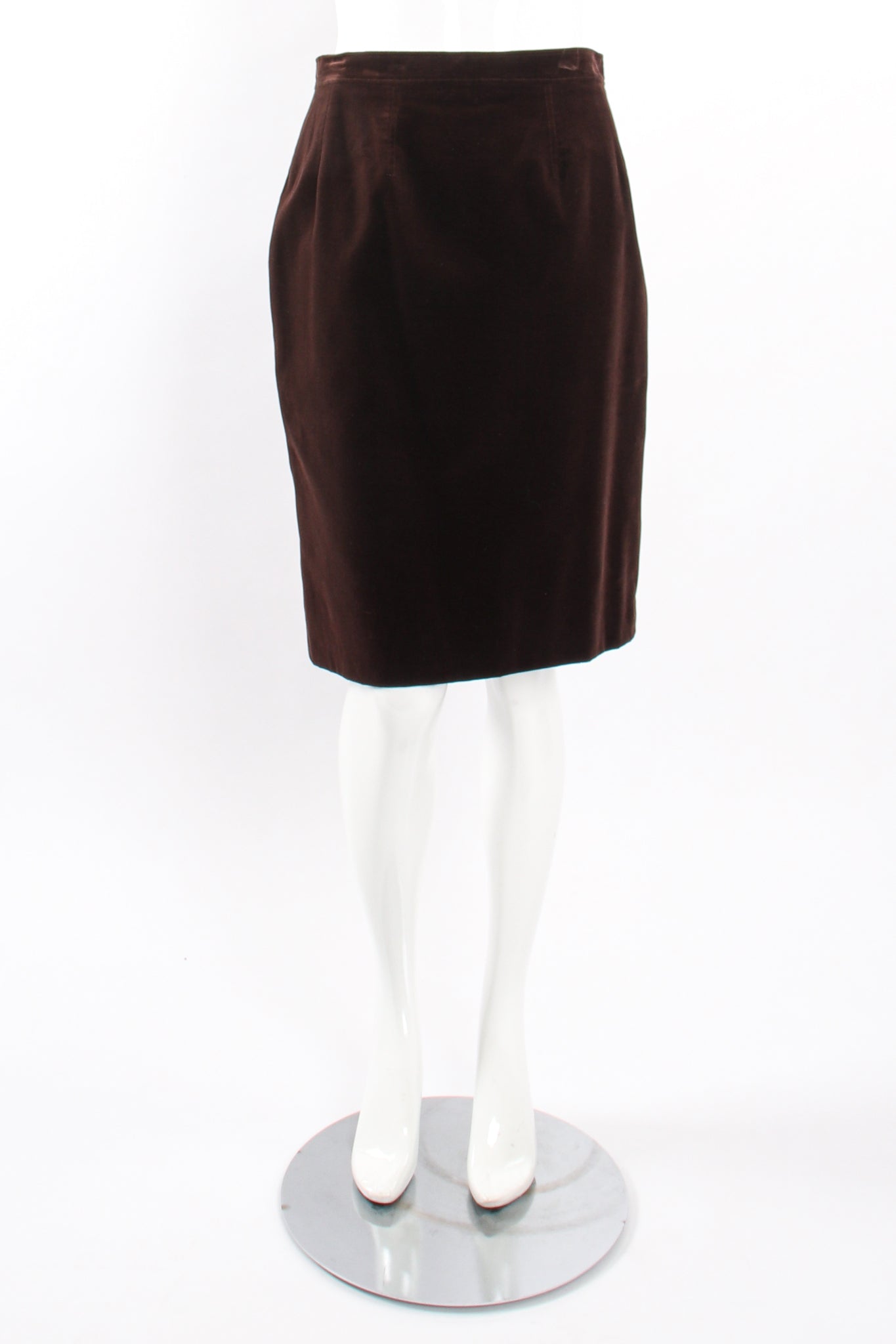 Vintage Chanel Herringbone Tweed Velvet Jacket & Skirt Set on Mannequin front skirt at Recess LA
