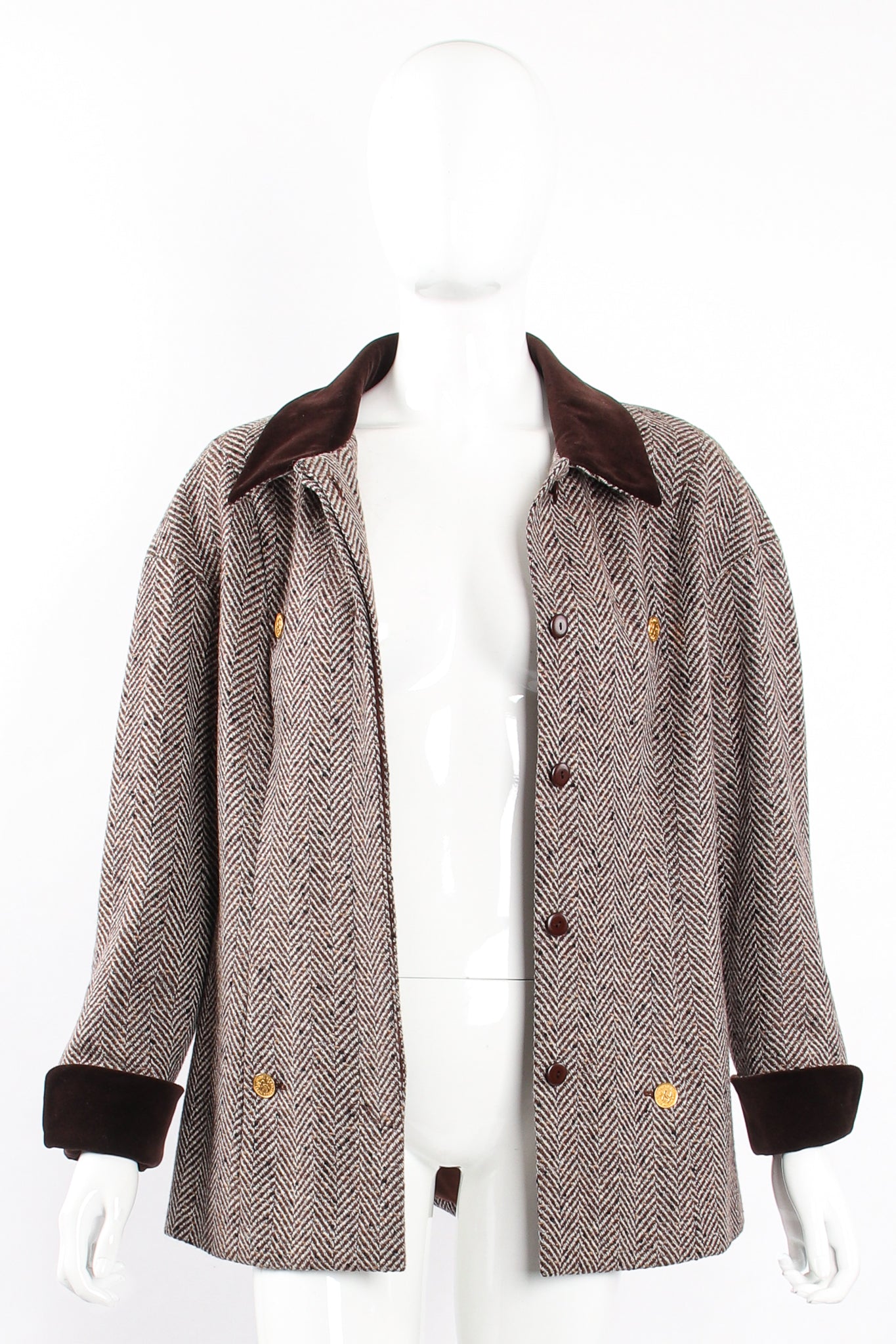 Vintage Chanel Herringbone Tweed Velvet Jacket & Skirt Set on Mannequin front jacket at Recess LA