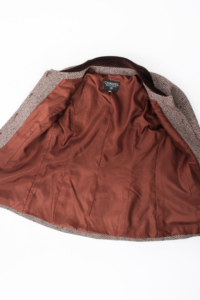 Vintage Chanel Herringbone Tweed Velvet Jacket & Skirt Set jacket lining at Recess LA