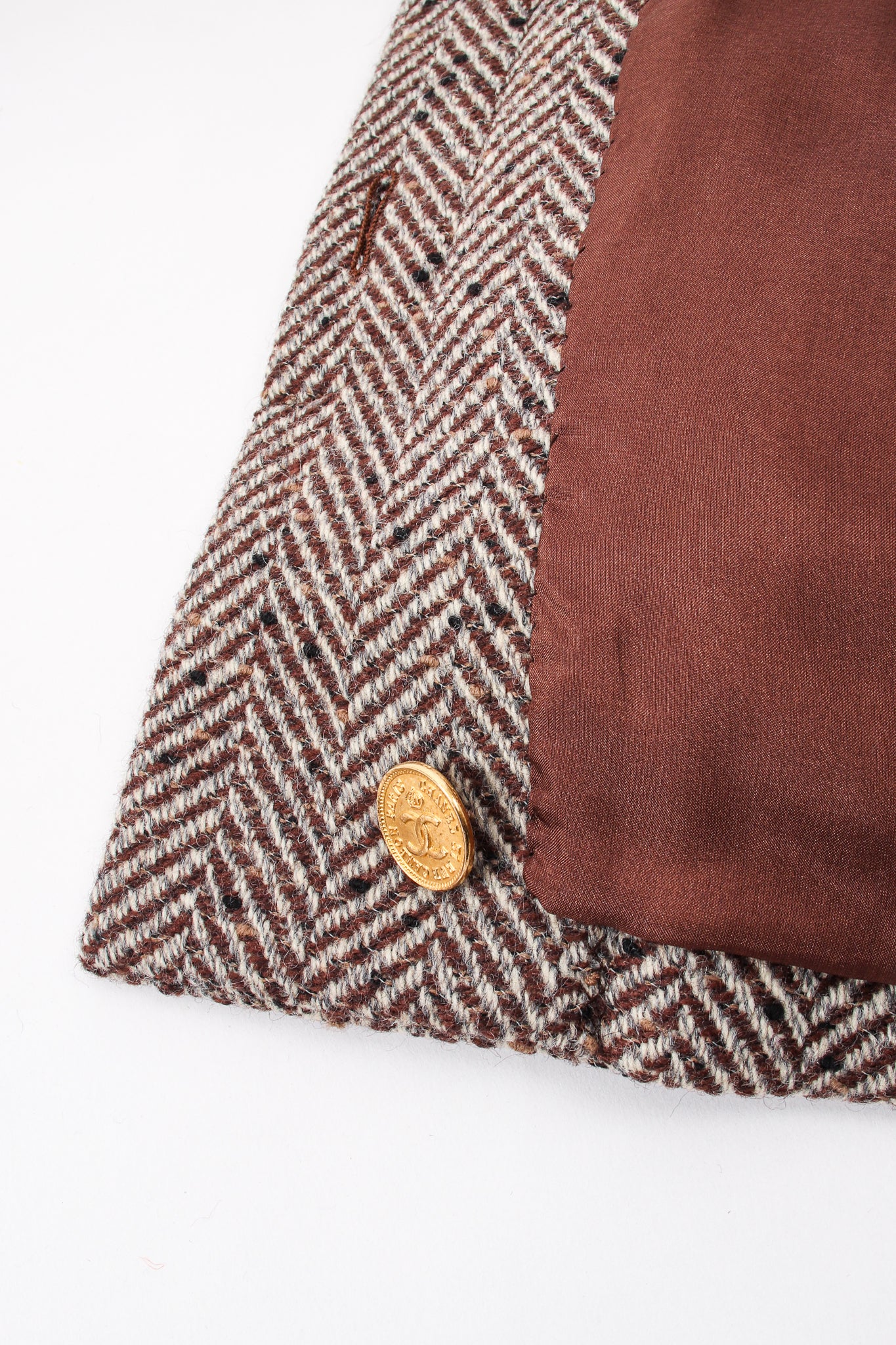 Vintage Chanel Herringbone Tweed Velvet Jacket & Skirt Set jacket button at Recess LA