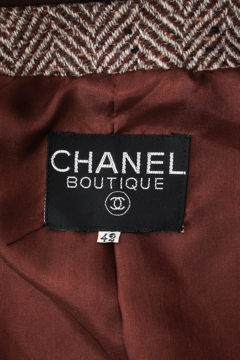Vintage Chanel Herringbone Tweed Velvet Jacket & Skirt Set jacket label at Recess LA