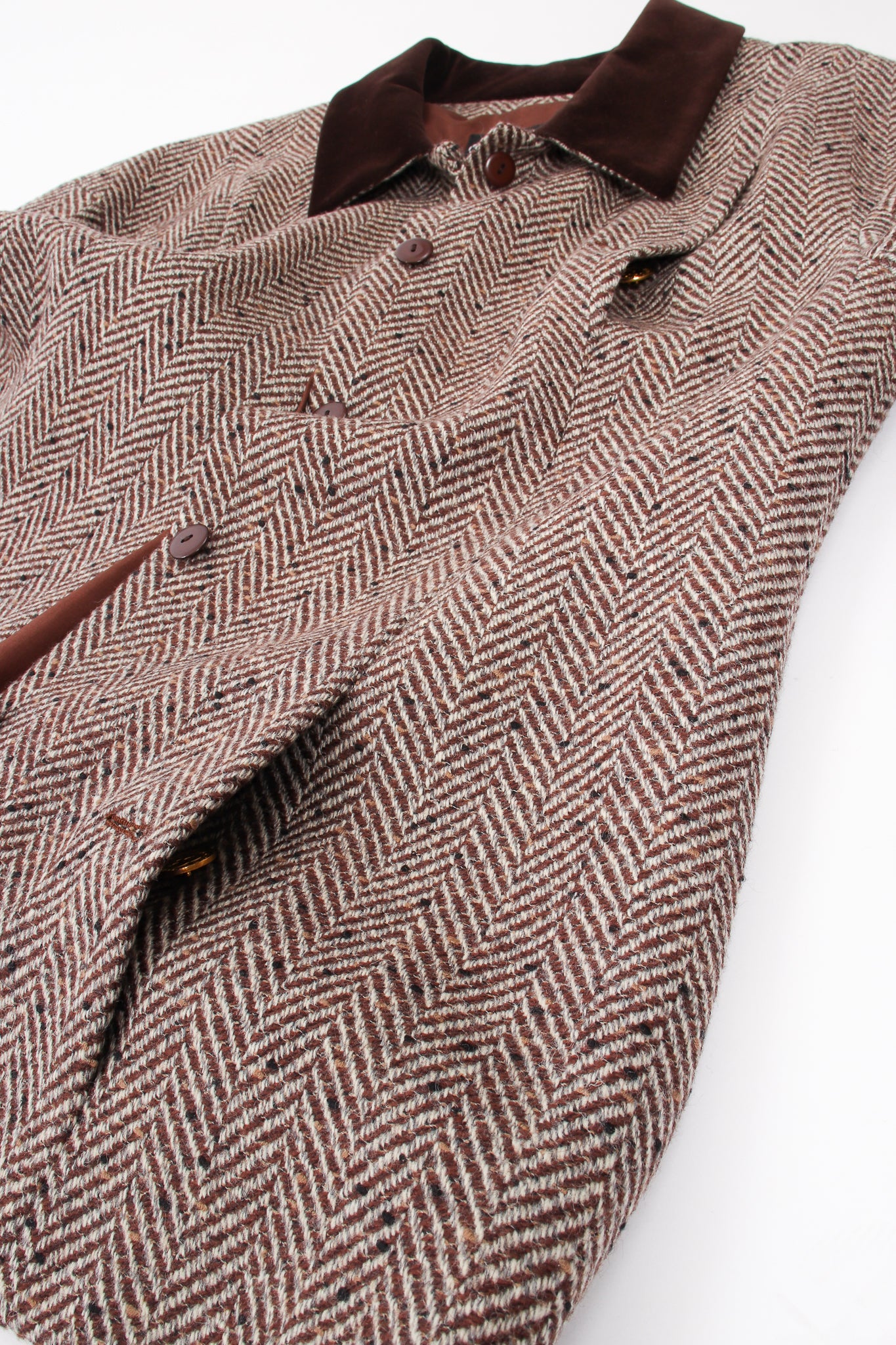 Vintage Chanel Herringbone Tweed Velvet Jacket & Skirt Set jacket pockets at Recess LA
